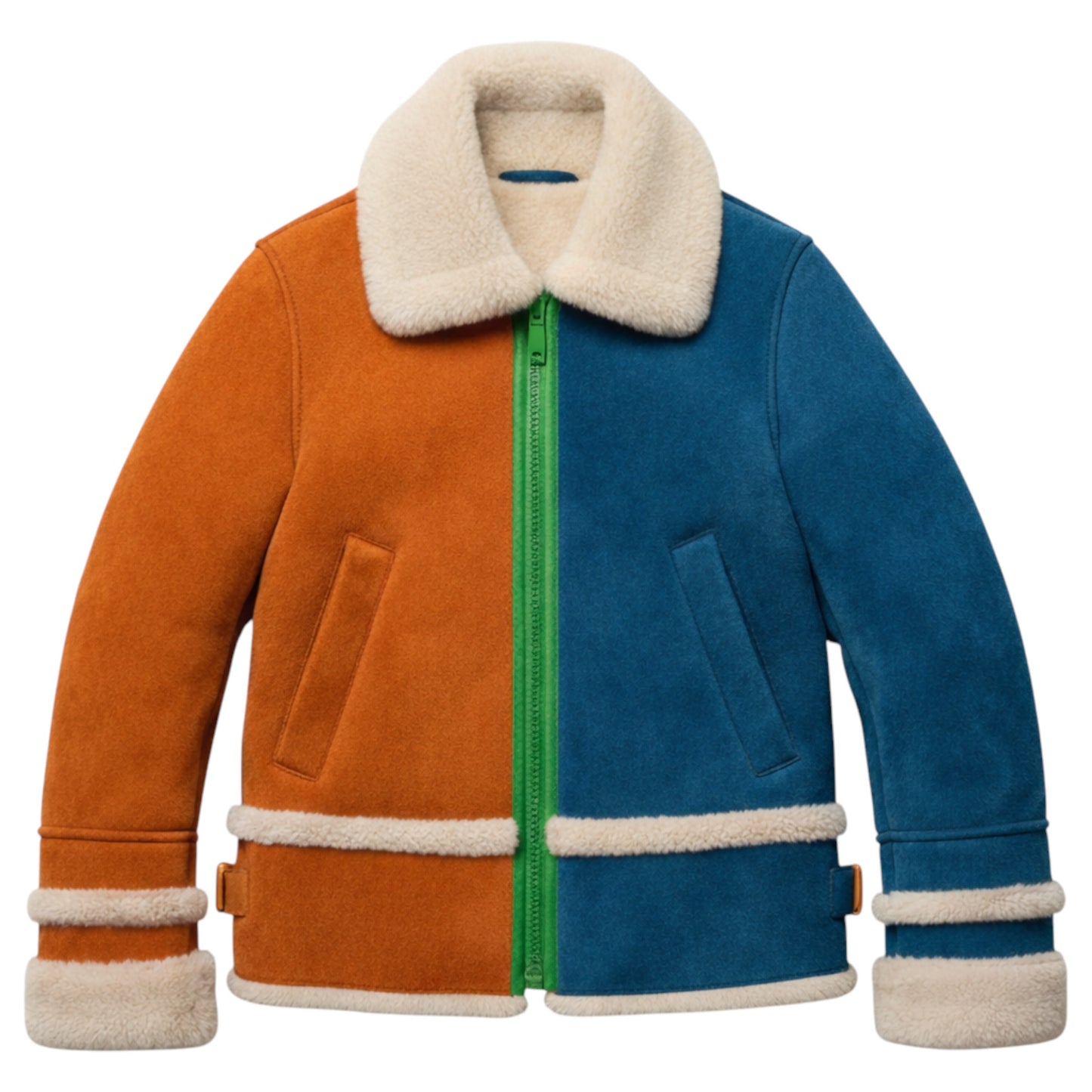 Children’s contrast colour shearling-lined suede jacket with green zip, front view, by That’s Not Fair London