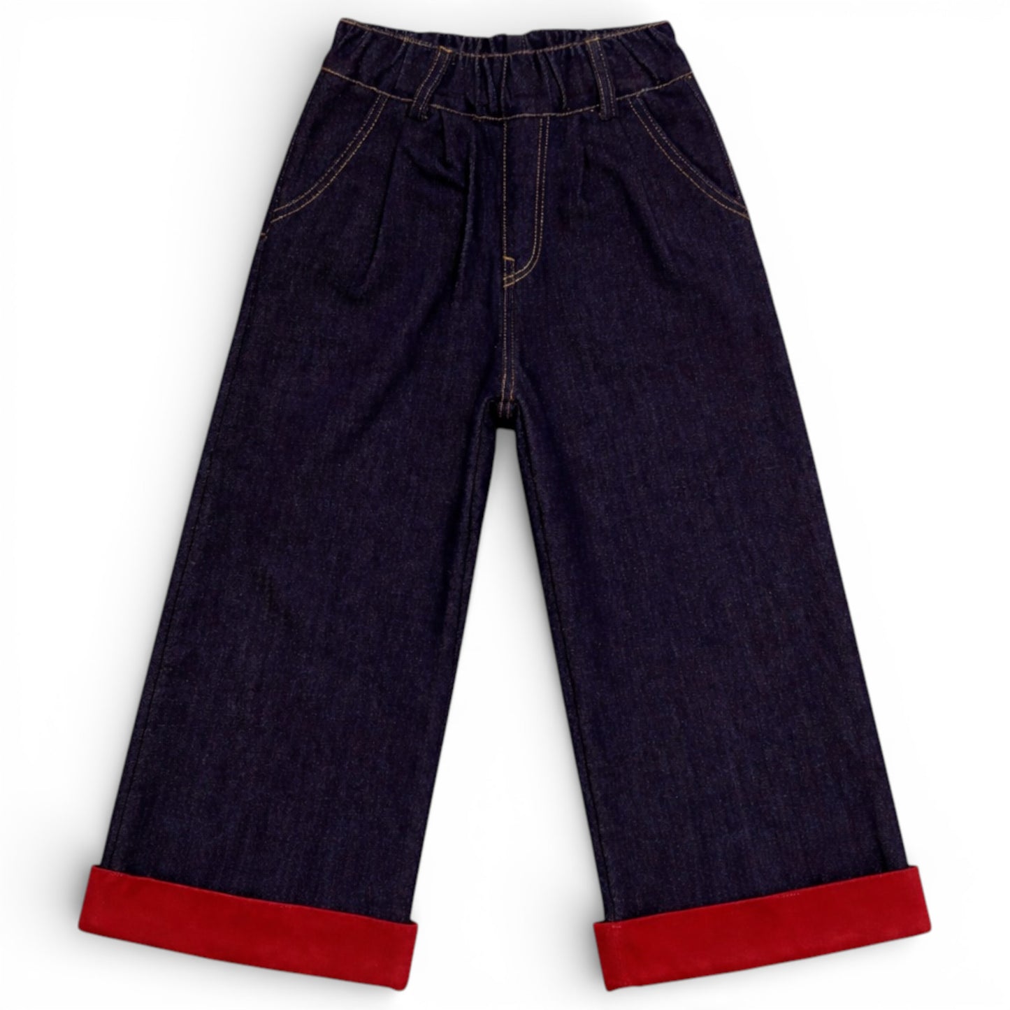 Children’s wide-leg fleece lined denim trousers with elasticated waistband and red turn-up hem