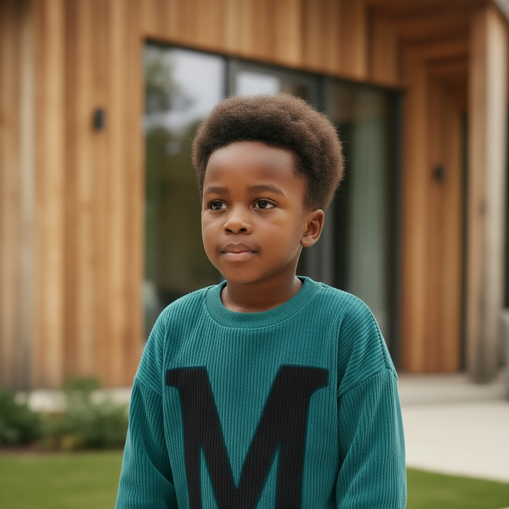 Front view of the high-green Mario Jumper with bold Tuscan-style M across the chest