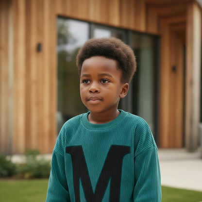 Front view of the high-green Mario Jumper with bold Tuscan-style M across the chest