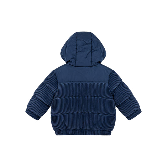 Back view of the navy Markle children's puffer jacket, showing the padded hood and wide-ribbed cord-effect panels by That’s Not Fair London.
