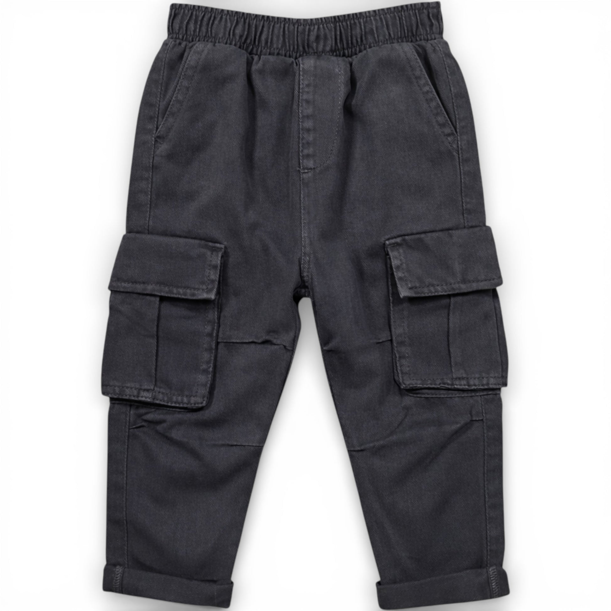 Children’s washed black straight-leg cargo trousers with elasticated waistband and patch pockets by That’s Not Fair London