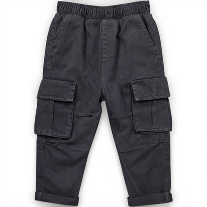 Children’s washed black straight-leg cargo trousers with elasticated waistband and patch pockets by That’s Not Fair London