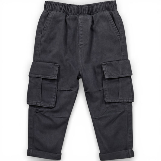 Children’s washed black straight-leg cargo trousers with elasticated waistband and patch pockets by That’s Not Fair London