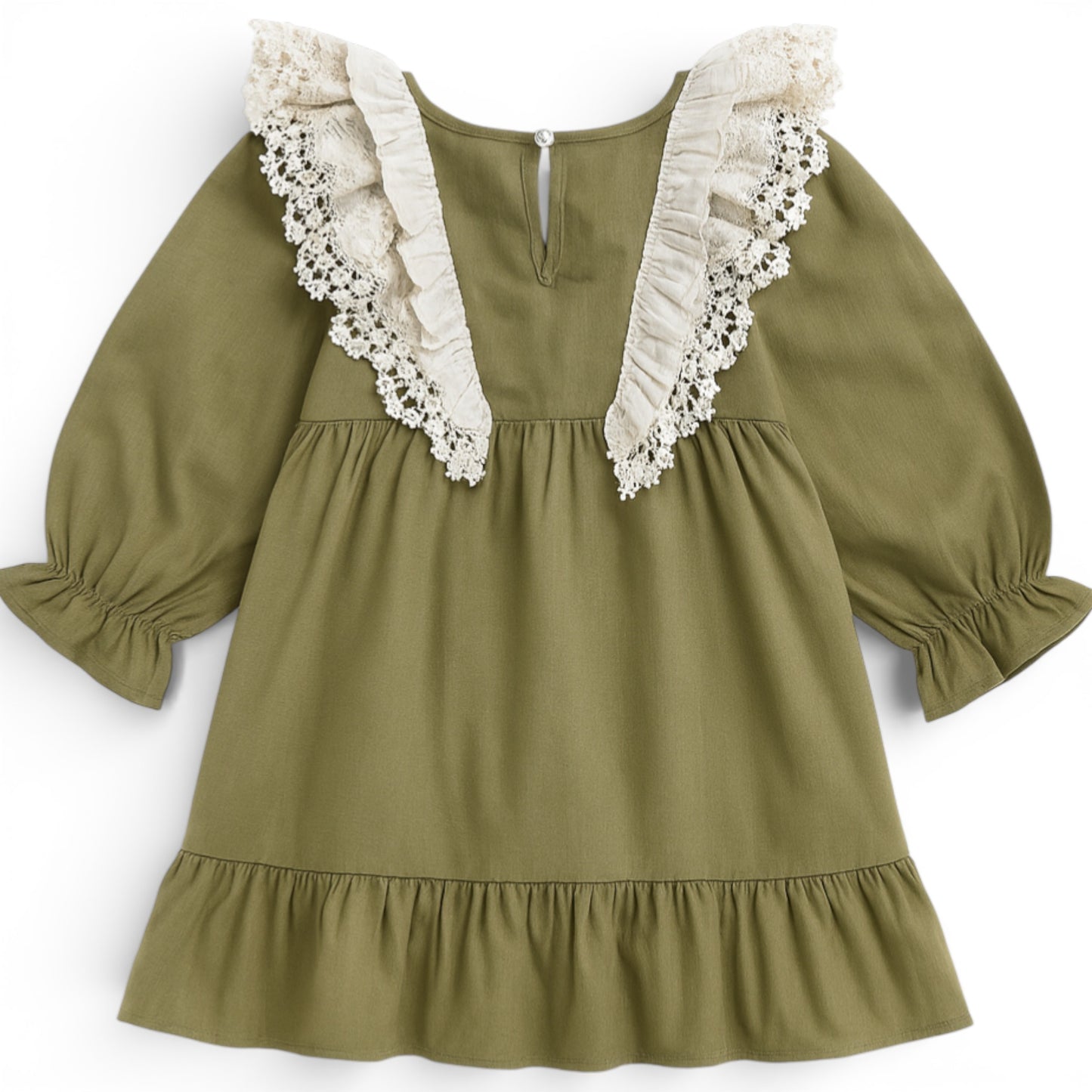 Back view of olive girls dress with winged lace collar panels and keyhole fastening by That’s Not Fair London.