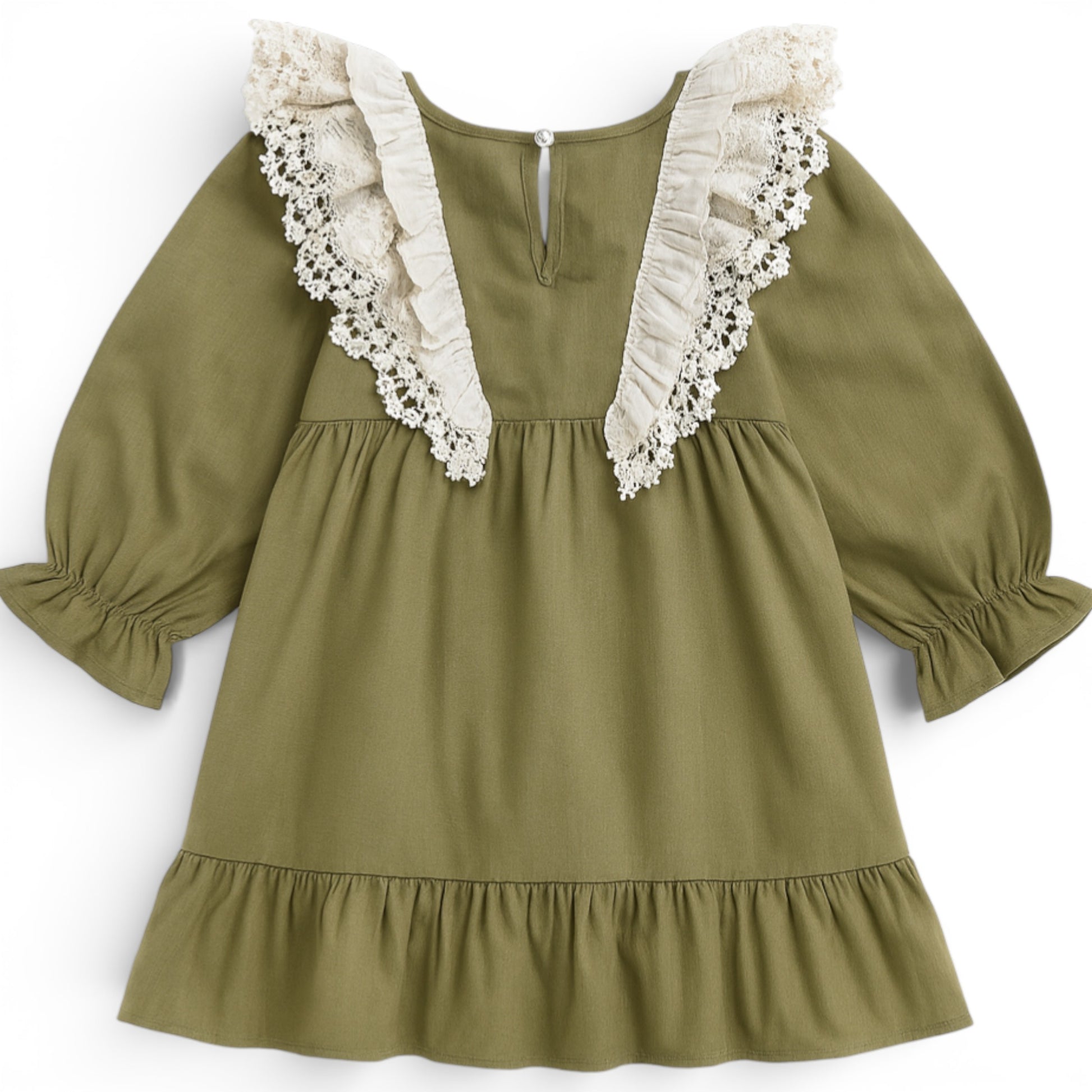 Back view of olive girls dress with winged lace collar panels and keyhole fastening by That’s Not Fair London.