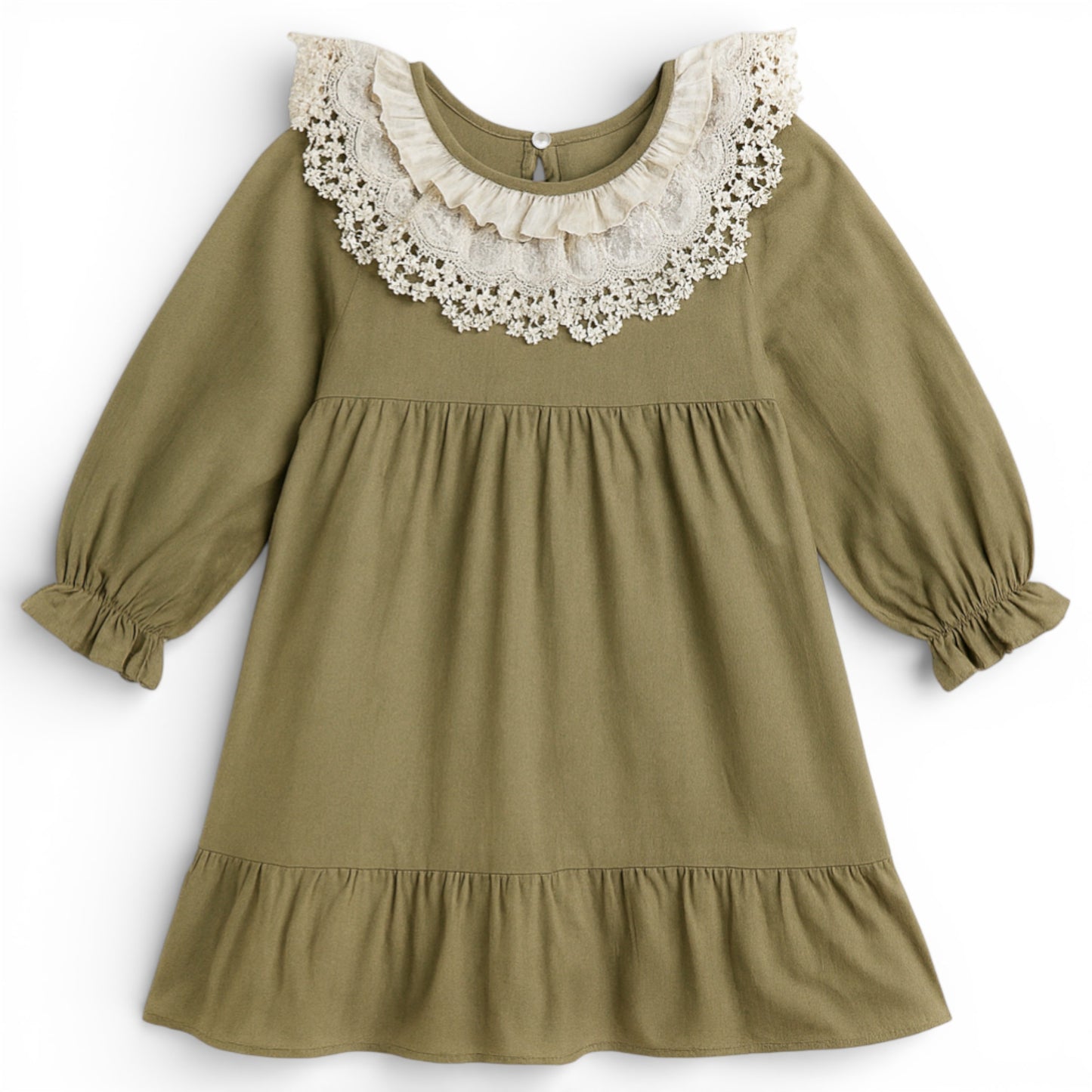 Olive empire line girls dress in recycled cotton with double-tier white lace collar and full sleeves by That’s Not Fair London.