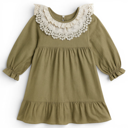 Olive empire line girls dress in recycled cotton with double-tier white lace collar and full sleeves by That’s Not Fair London.