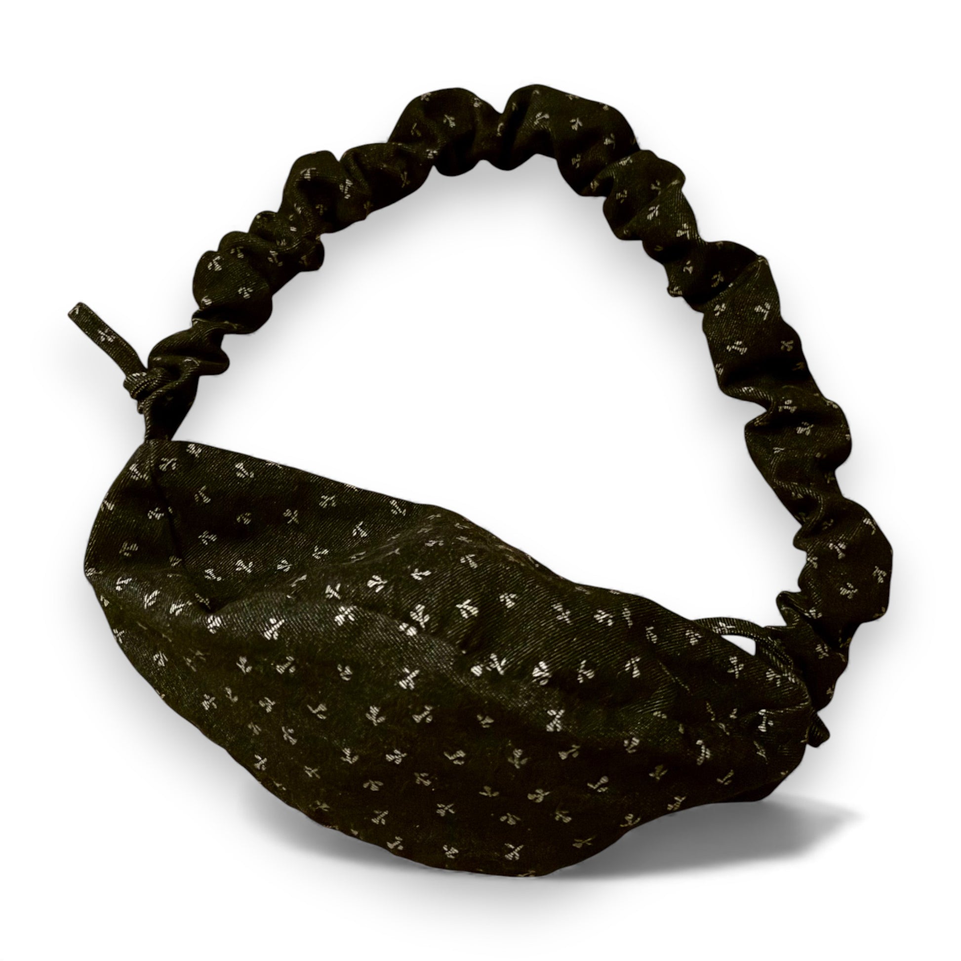 Melina crossbody bag by That’s Not Fair London, black printed denim children’s bag with adjustable ruched strap and zip fastening