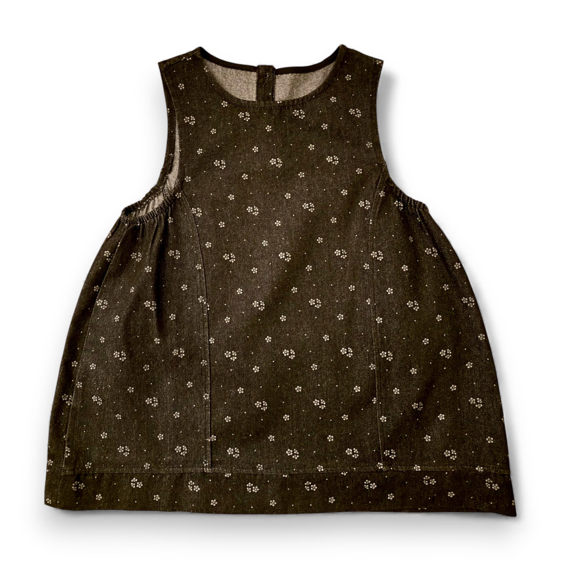 Melina dress by That’s Not Fair London, black printed denim panelled tent dress with wide silhouette and sleeveless cut