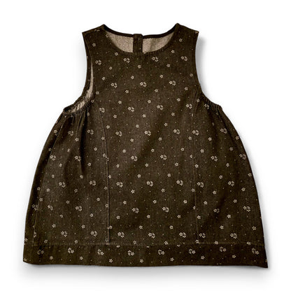 Melina dress by That’s Not Fair London, black printed denim panelled tent dress with wide silhouette and sleeveless cut