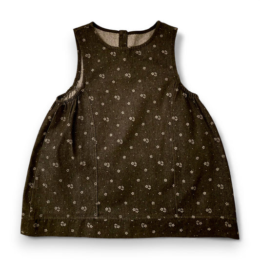 Melina dress by That’s Not Fair London, black printed denim panelled tent dress with wide silhouette and sleeveless cut