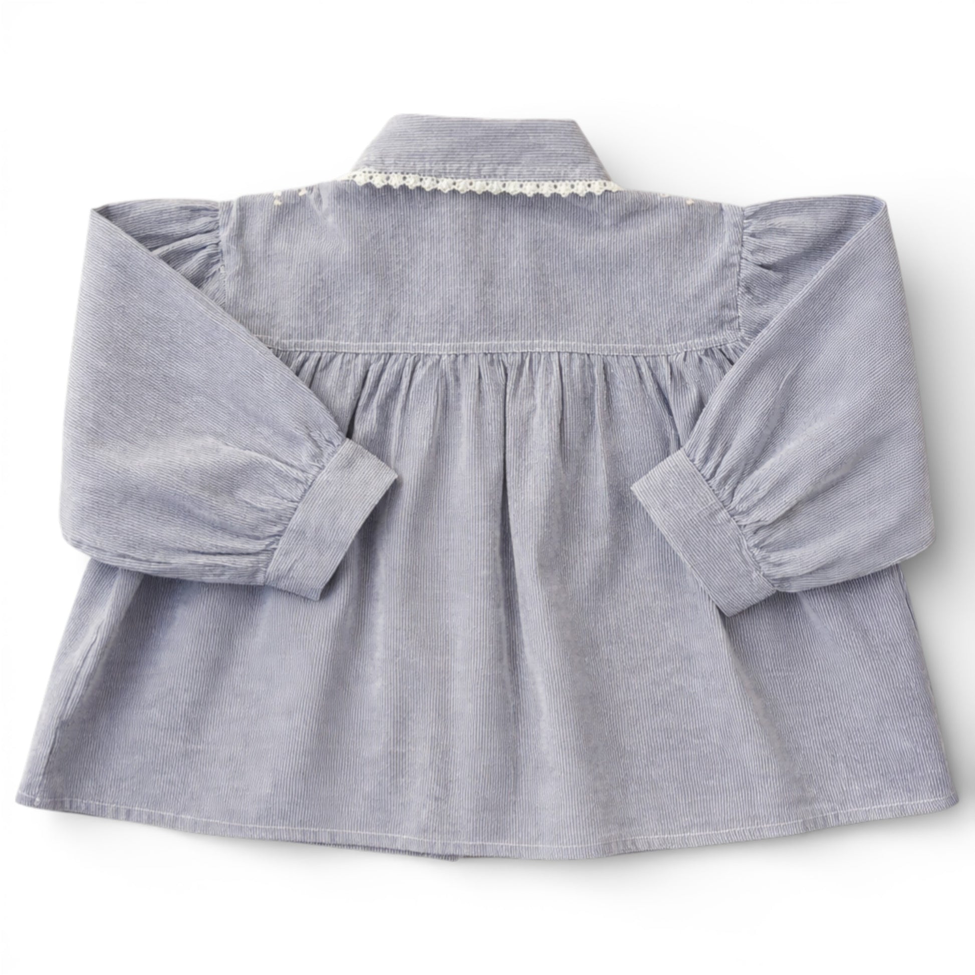 Pinstripe A-line blouse with lace-trimmed Peter Pan collar, embroidery on shoulders and pleated front.