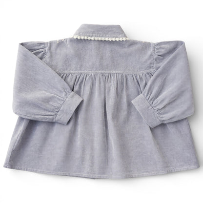 Pinstripe A-line blouse with lace-trimmed Peter Pan collar, embroidery on shoulders and pleated front.