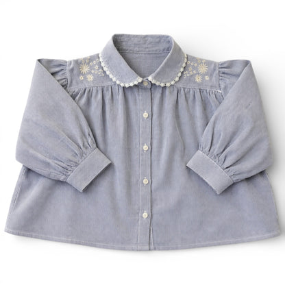 Pinstripe A-line blouse with lace-trimmed Peter Pan collar, embroidery on shoulders and pleated front.