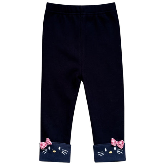 Children’s black fleece lined leggings with embroidered cuff details and bow trim by That’s Not Fair London