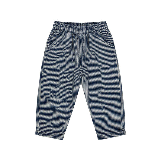 A pair of children's pants featuring a vertical navy and white stripe pattern, an elastic waistband, and side pockets, shown against a plain white background.