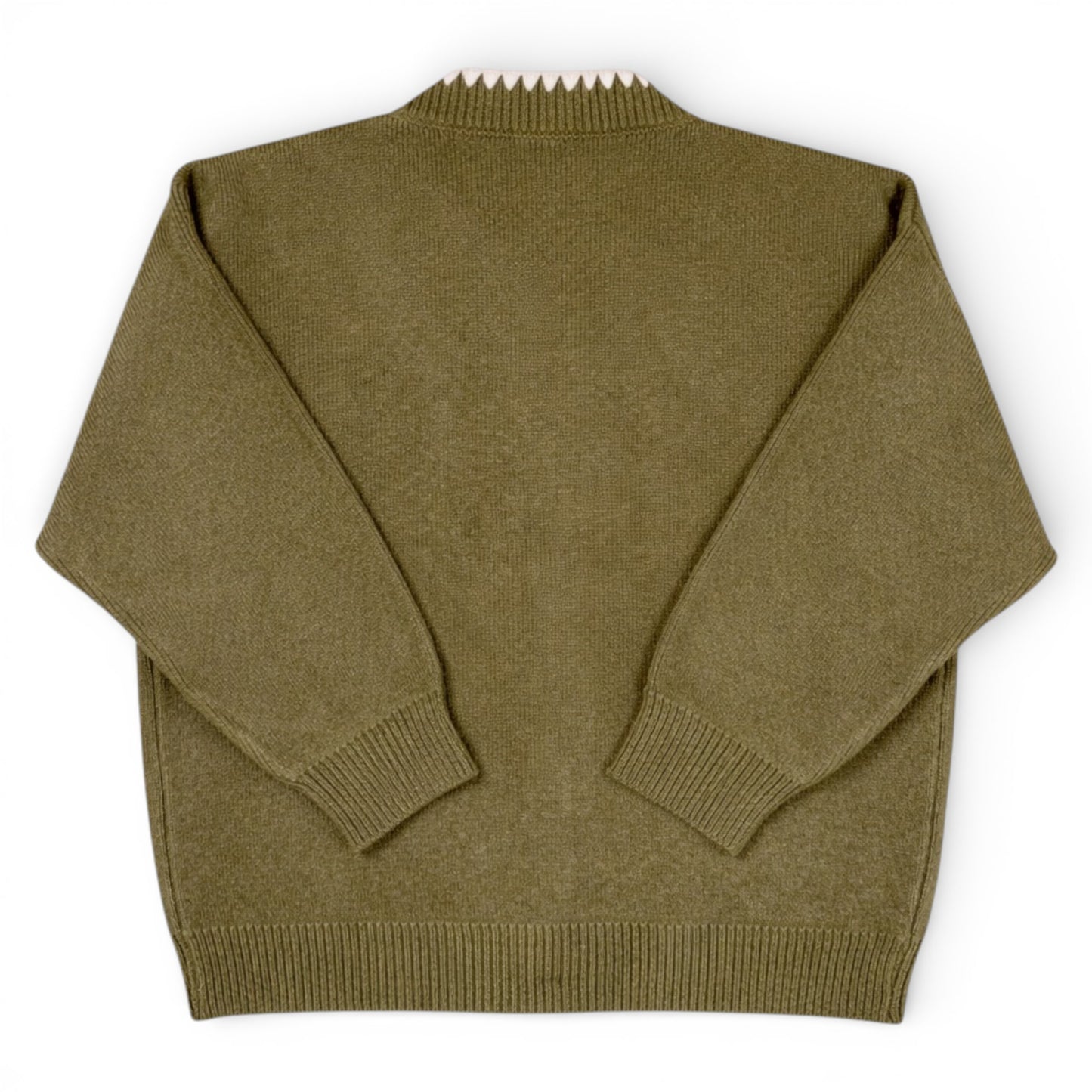 Olive green children’s knit cardigan with contrast stitch trim and button front