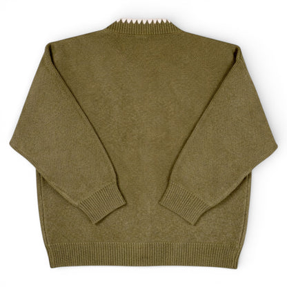 Olive green children’s knit cardigan with contrast stitch trim and button front