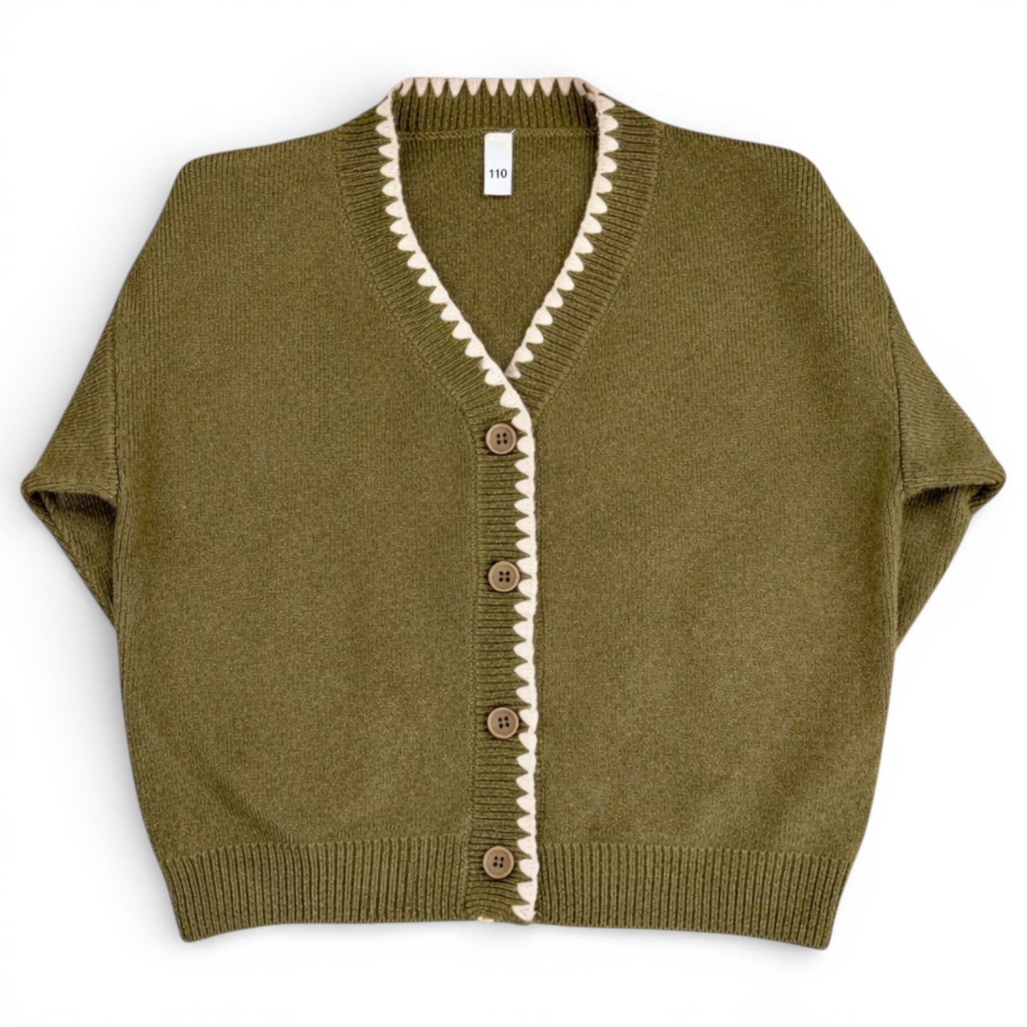 Olive green children’s knit cardigan with contrast stitch trim and button front