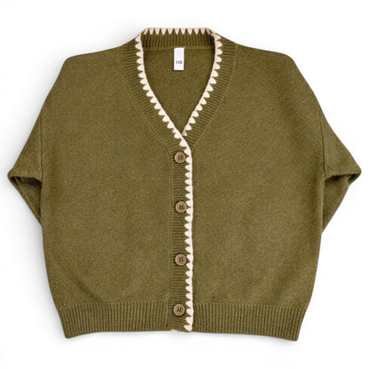 Olive green children’s knit cardigan with contrast stitch trim and button front