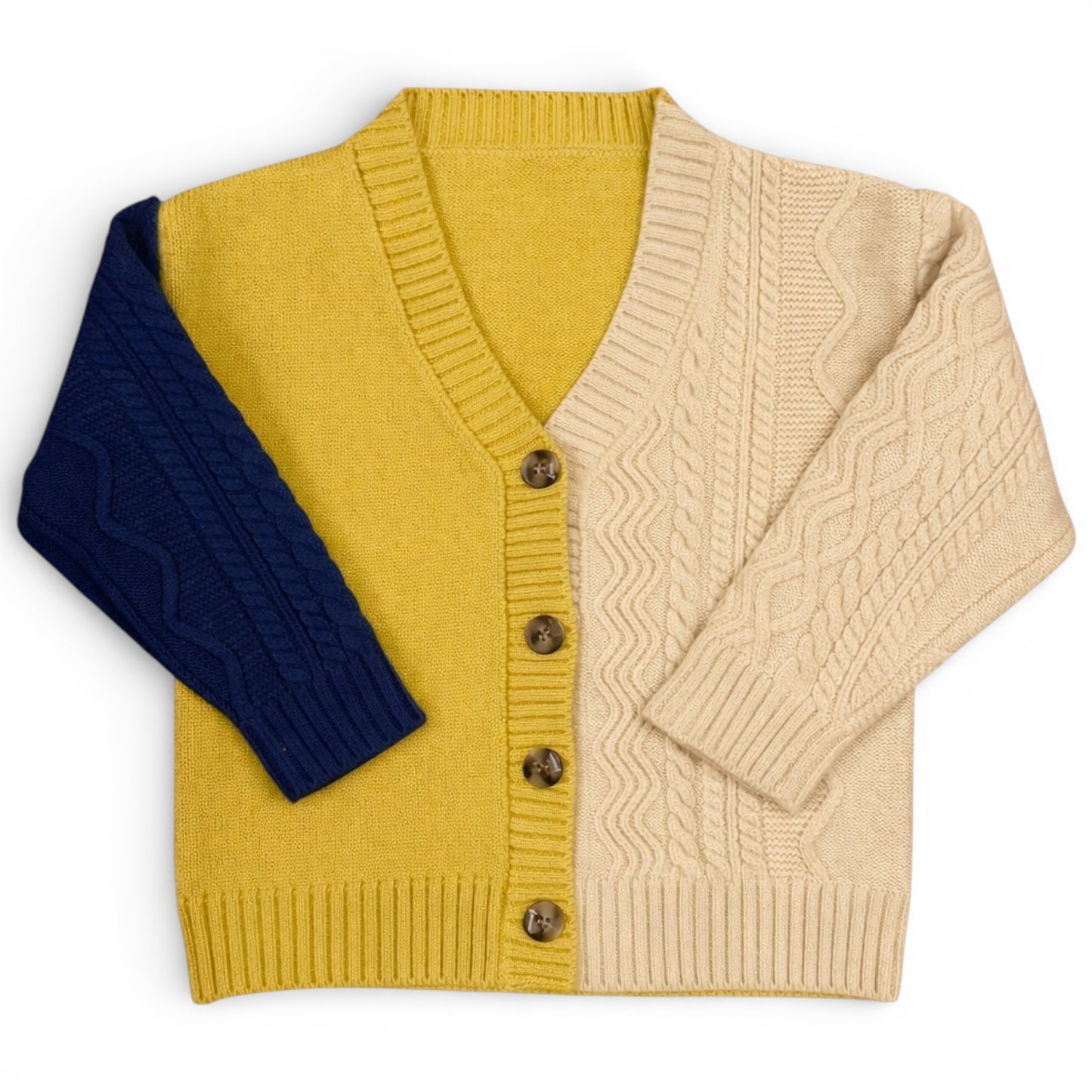 Children’s remnant knit cardigan with cable knit sleeves, plain knit body and ribbed trims by That’s Not Fair London