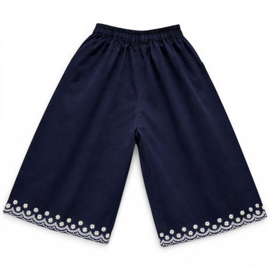 Navy children’s cropped culotte trousers with wide leg and embroidered scalloped hem by That’s Not Fair London