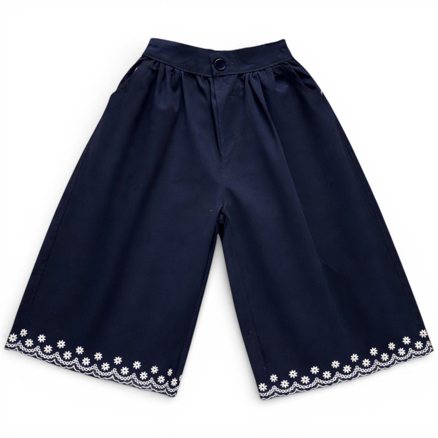 Navy children’s cropped culotte trousers with wide leg and embroidered scalloped hem by That’s Not Fair London