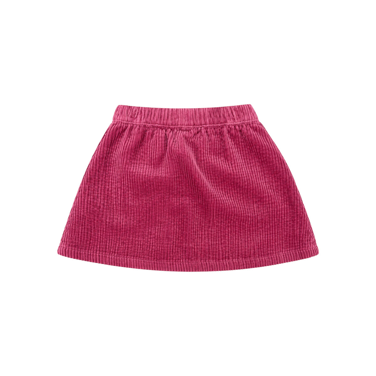 Back view of the Pippi raspberry-pink corduroy skirt with an elasticated waistband and ribbed texture