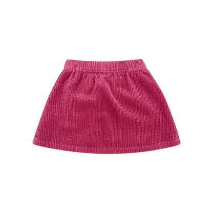 Back view of the Pippi raspberry-pink corduroy skirt with an elasticated waistband and ribbed texture