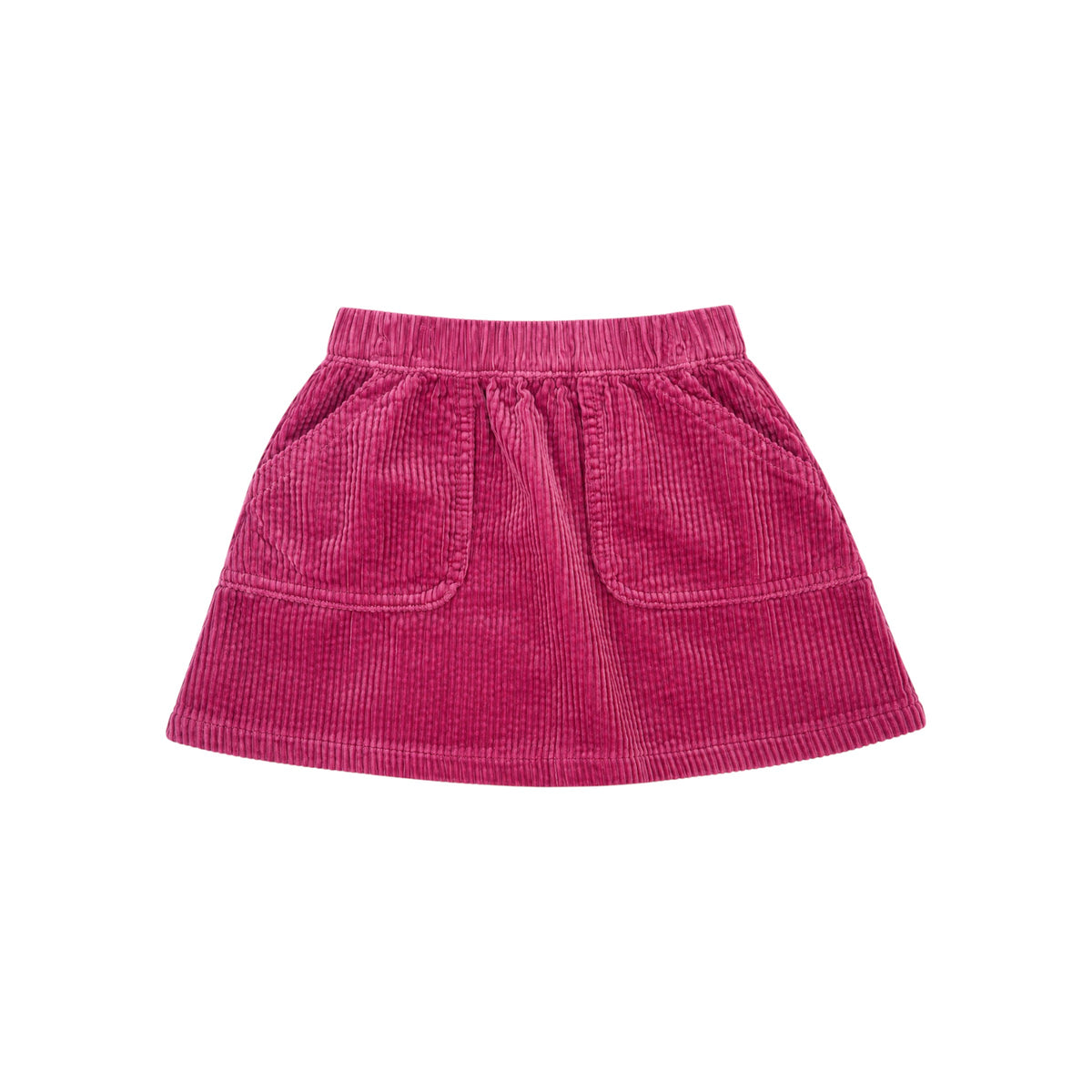 Front view of the Pippi raspberry-pink corduroy skirt with an elasticated waistband and two large front patch pockets.