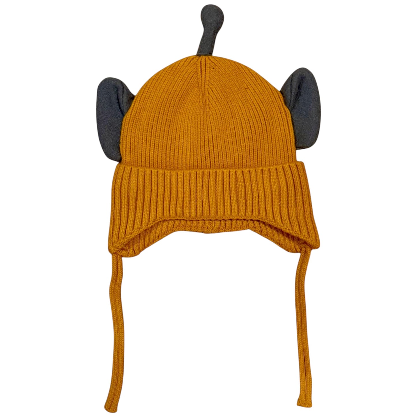 Mustard knitted children’s hat with ear covers and chin ties