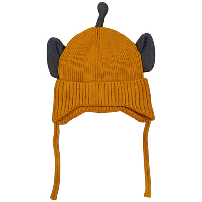 Mustard knitted children’s hat with ear covers and chin ties