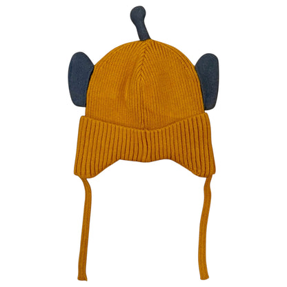 Mustard knitted children’s hat with ear covers and chin ties