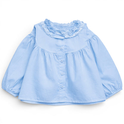 Pale sky blue trapeze cotton blouse for children with dropped shoulder, ruched balloon sleeves and button-front, by That’s Not Fair London