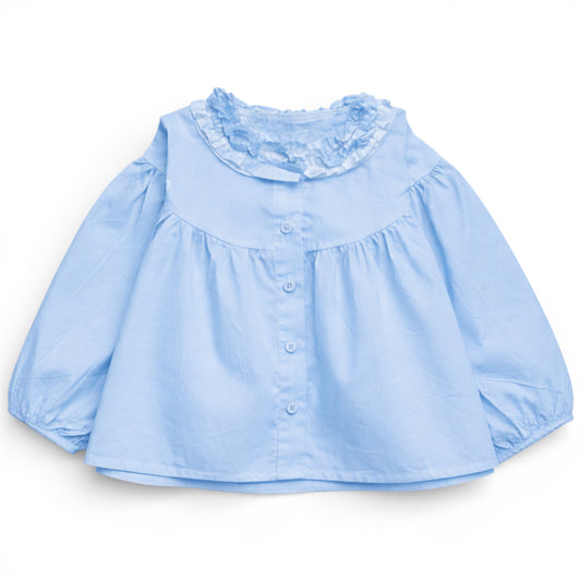 Pale sky blue trapeze cotton blouse for children with dropped shoulder, ruched balloon sleeves and button-front, by That’s Not Fair London