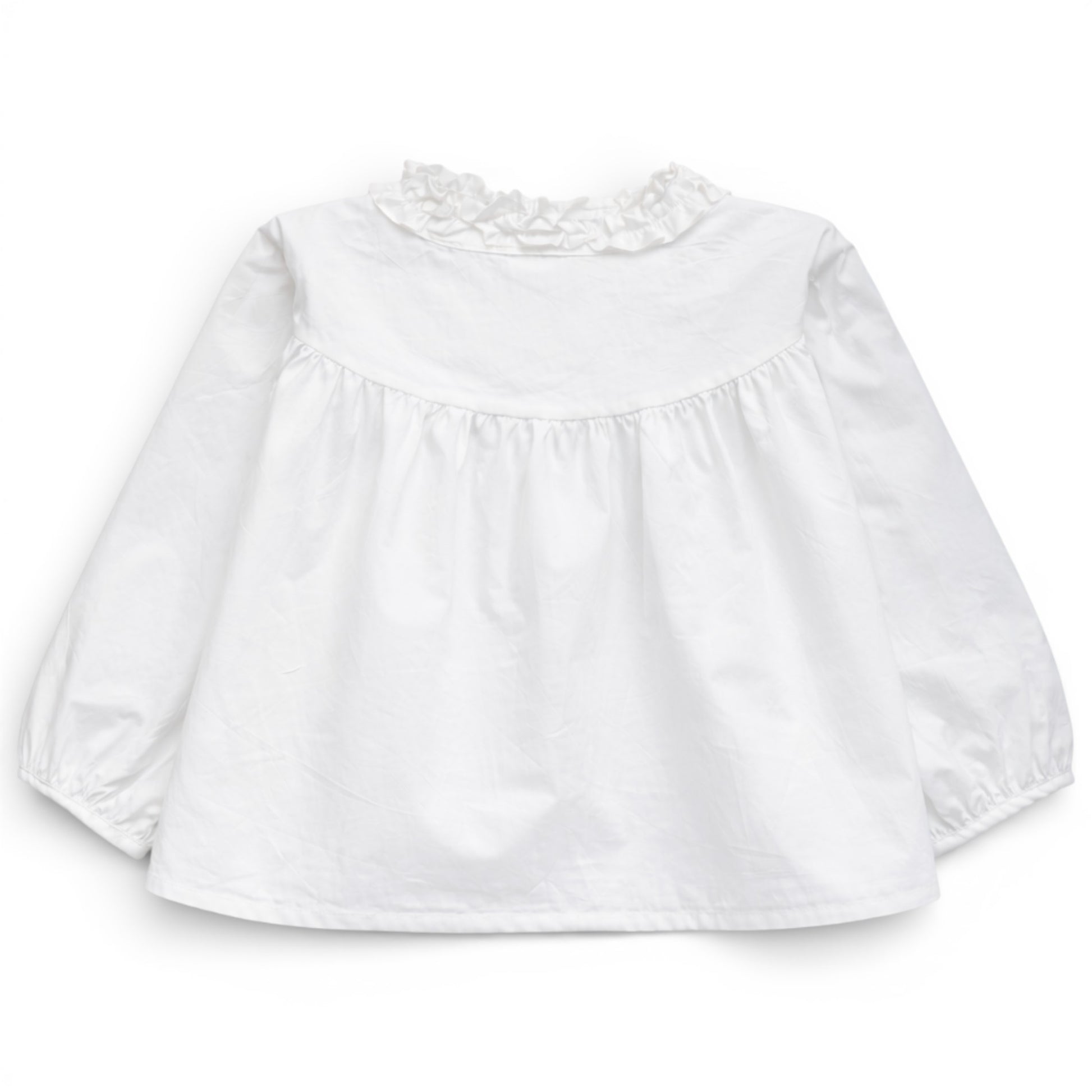 Back view of white trapeze cotton blouse with gathered yoke and ruched balloon sleeves, That’s Not Fair London