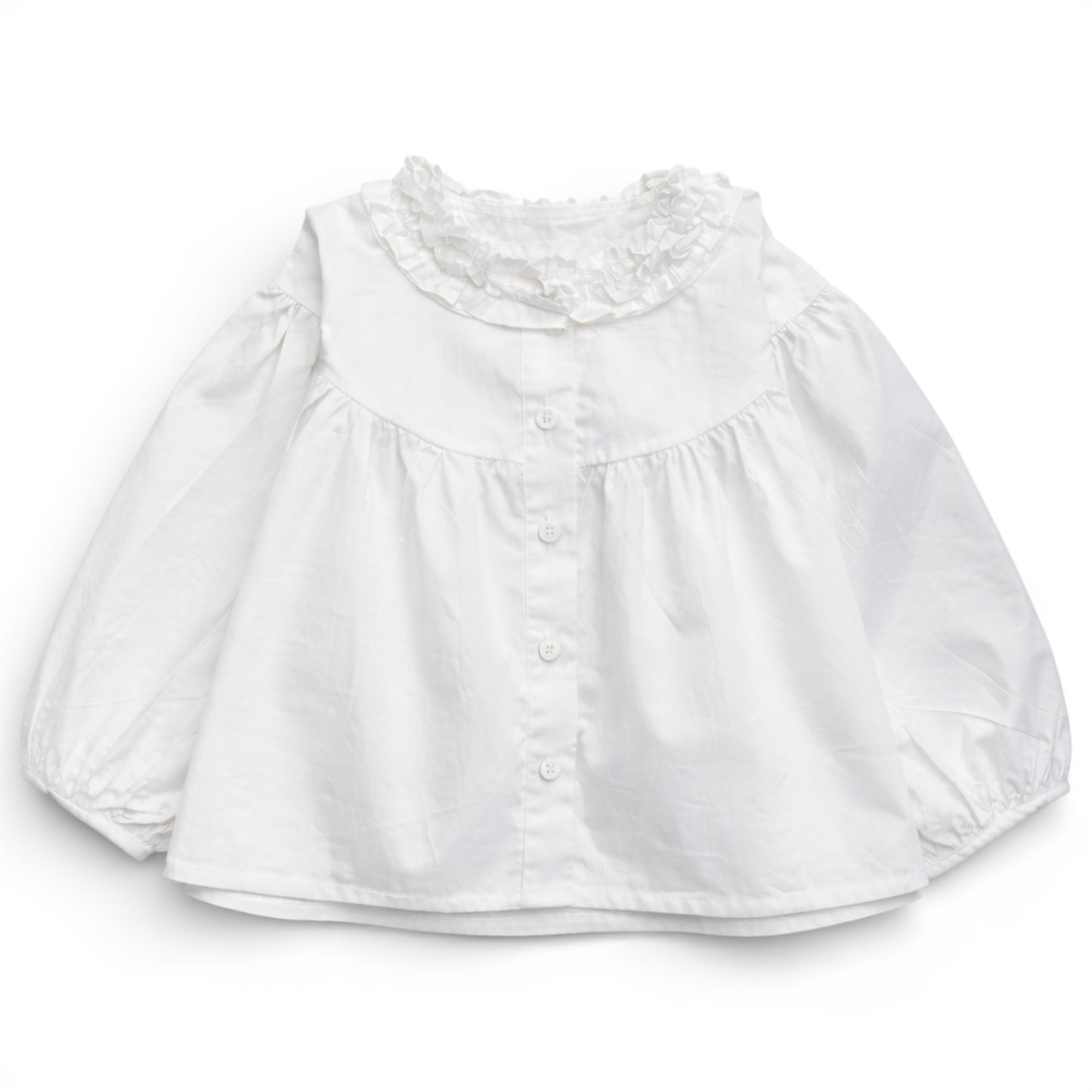 White trapeze cotton blouse for children with dropped shoulder, ruched balloon sleeves and button-front, by That’s Not Fair London