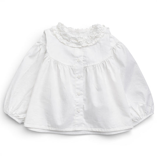 White trapeze cotton blouse for children with dropped shoulder, ruched balloon sleeves and button-front, by That’s Not Fair London