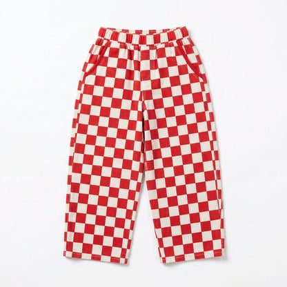 Ramsey Pants by That’s Not Fair London in red and white check, featuring a relaxed straight leg and elasticated waistband.