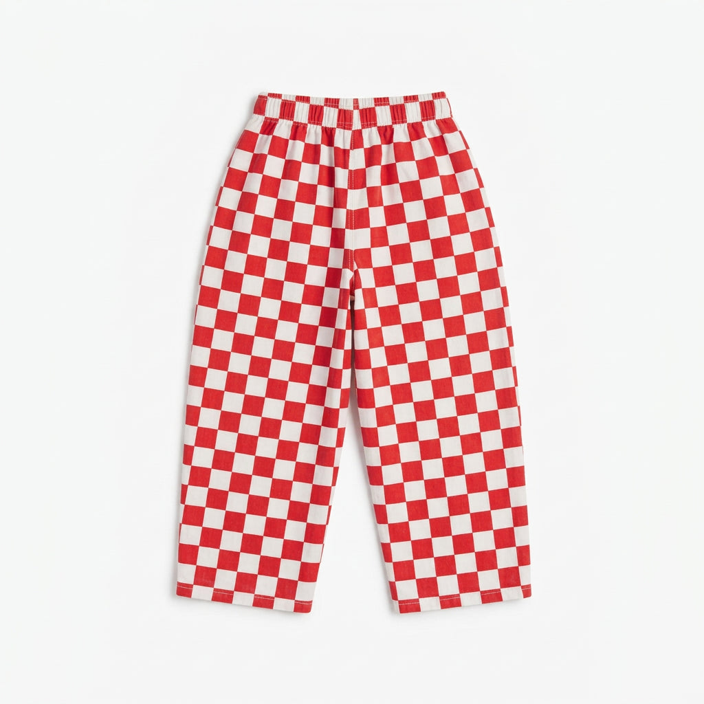 Back view of the Ramsey Pants by That’s Not Fair London in red and white check, showing the relaxed leg and back waistband.