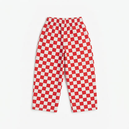 Back view of the Ramsey Pants by That’s Not Fair London in red and white check, showing the relaxed leg and back waistband.
