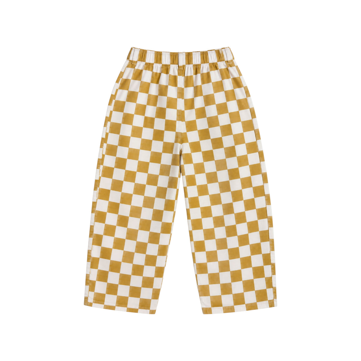 Back view of the Ramsey Pants by That’s Not Fair London in mustard and white check, showing the relaxed leg and back waistband.