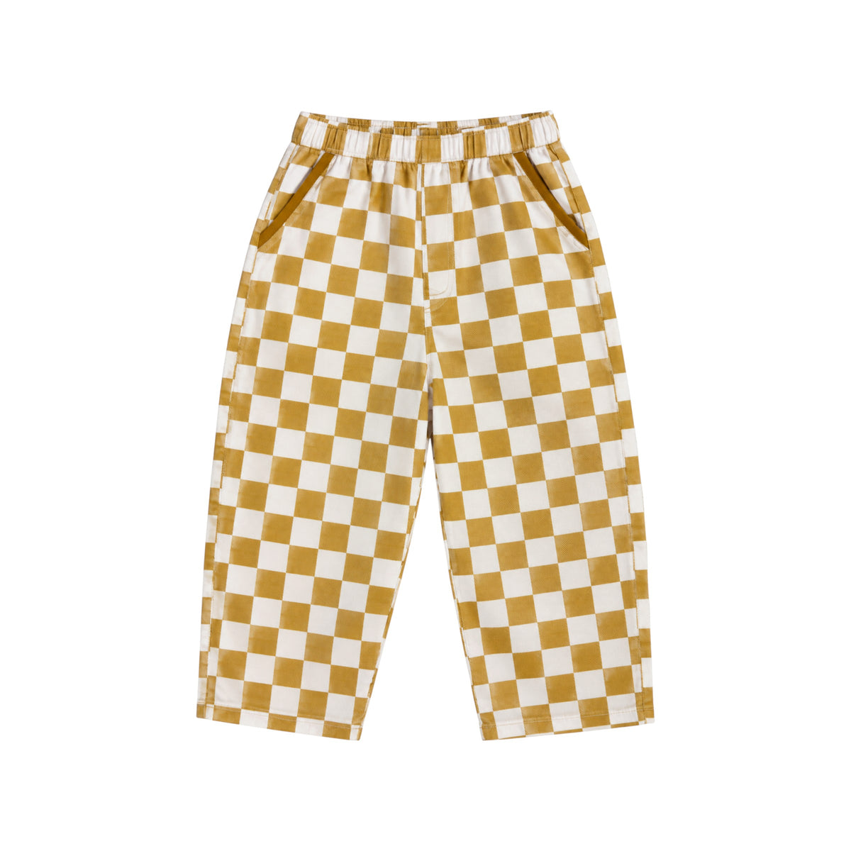 Ramsey Pants by That’s Not Fair London in mustard and white check, featuring a relaxed straight leg and elasticated waistband.