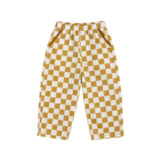 Ramsey Pants by That’s Not Fair London in mustard and white check, featuring a relaxed straight leg and elasticated waistband.