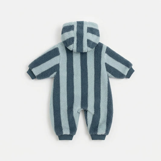 Back view of the Raymond striped fleece baby outer romper, showing the hood, long sleeves and ribbed ankle cuffs by That’s Not Fair London.