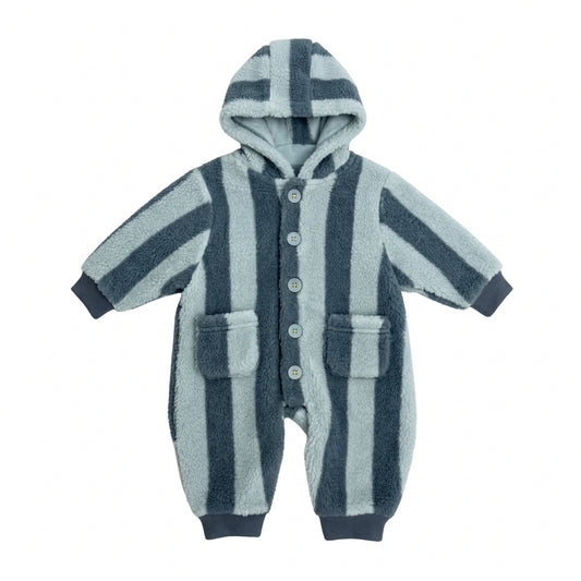 Raymond striped fleece baby outer romper with hood, button-through front, two patch pockets and ribbed cuffs by That’s Not Fair London.

