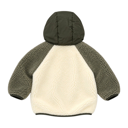 Reid Jacket by That’s Not Fair London, back view of children’s olive green and cream sherpa fleece jacket with hood and textured sleeves