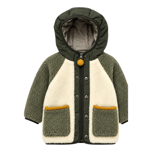 Reid Jacket by That’s Not Fair London, children’s olive green and cream sherpa fleece jacket with mustard yellow pocket trim and zip bobble