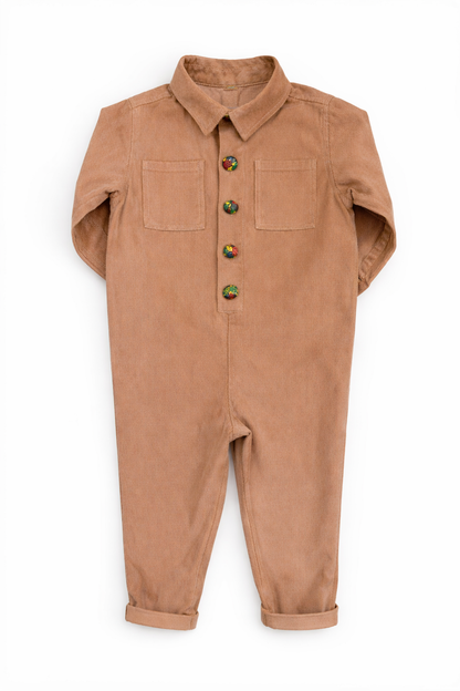 Childrens slim fit needle cord boiler suit with cropped leg, patch chest pockets and fabric covered buttons